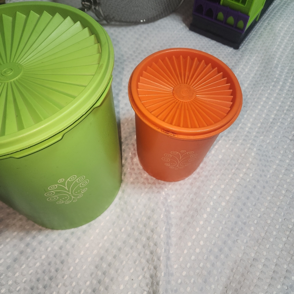 VINTAGE TUPPERWARE EUC SET OF 2 SERVALIER CANISTER ORANGE GREEN - Picture 3 of 9